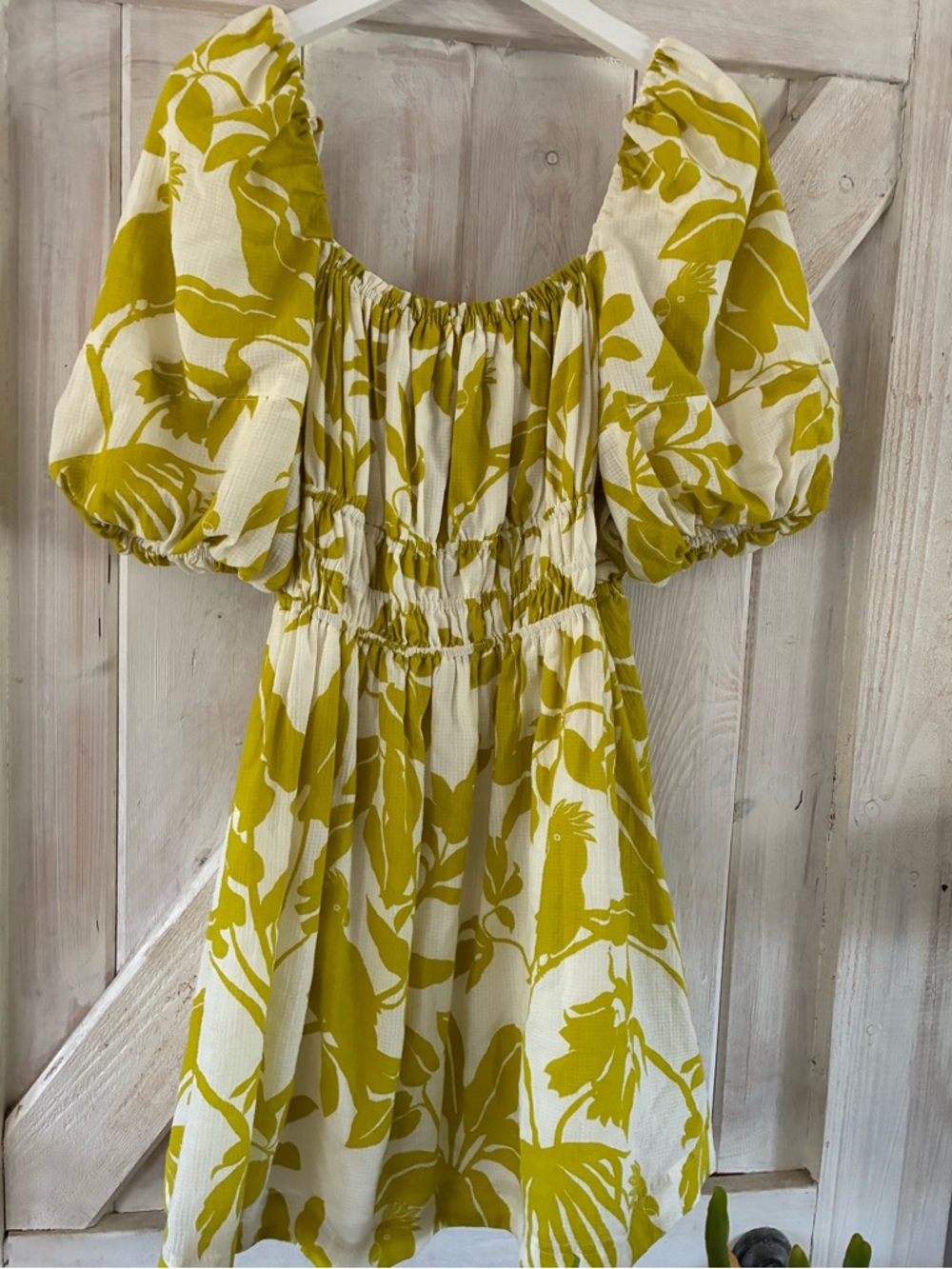 Anthropologie White and Chartreuse Floral Puff-Sleeve Dress